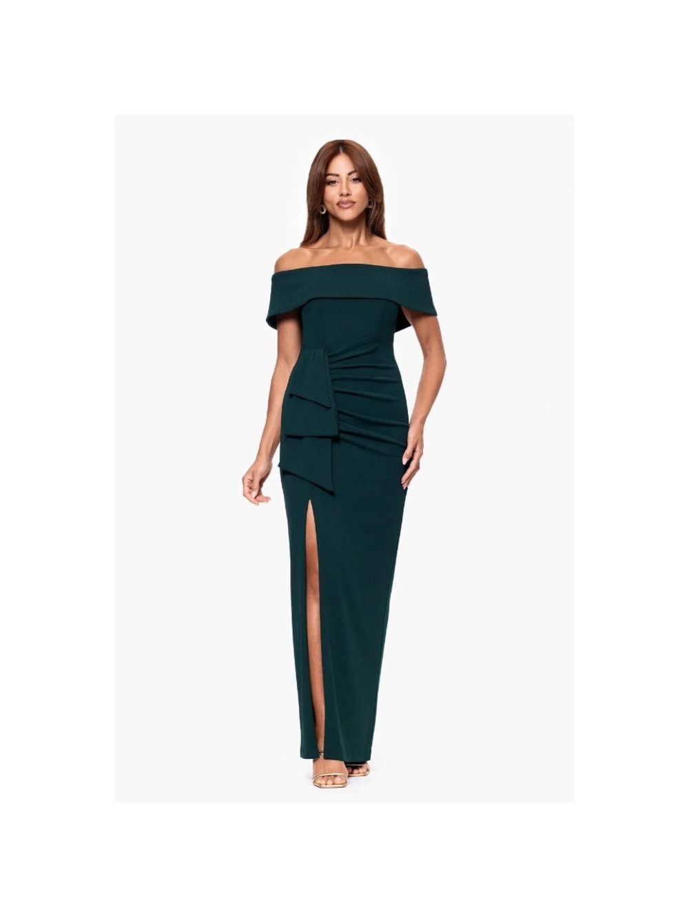 Xscape One-Shoulder Deep Green Evening Dress with Ruching and Side Bow